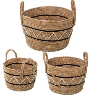 Set 3 Cestos Hierba De Mar Natural+ Algodón Blanco/negro Ø34x25+ø29x21+ø26x19cm