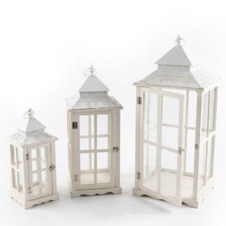 Set 3 Faroles Madera Blanca Parte Superior Metal 31x31x77+24x24x62+17x17x45cm