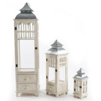 Set 3 Faroles Madera Blanca Parte Superior Metal 32x32x129+24x24x77+16x16x42cm