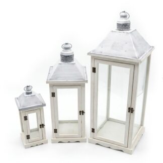 Set 3 Faroles Madera Blanca Parte Superior Metal 32x32x87+24x24x67+16x16x43cm