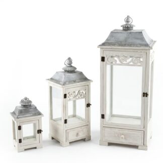 Set 3 Faroles Madera Blanca Parte Superior Metal 33x33x102+25x25x79+18x18x56cm