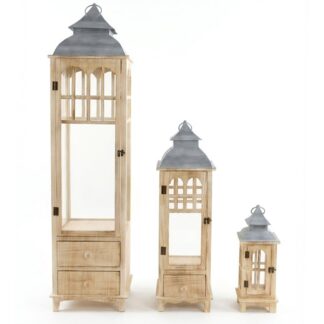 Set 3 Faroles Madera Natural Parte Superior Metal 32x32x129+24x24x77+16x16x42cm