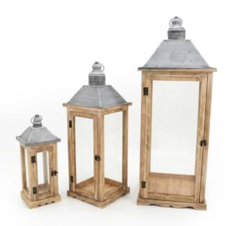 Set 3 Faroles Madera Natural Parte Superior Metal 32x32x87+24x24x67+16x16x43cm
