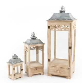 Set 3 Faroles Madera Natural Parte Superior Metal 33x33x102+25x25x79+18x18x56cm