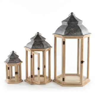 Set 3 Faroles Madera Natural Parte Superior Metal 36x32x72+27x24x53+18x16x33cm