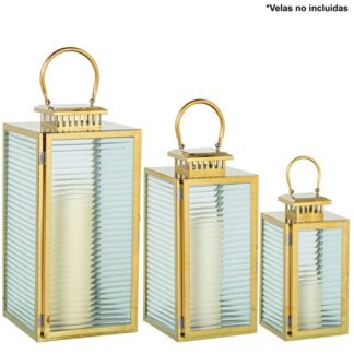 Set 3 Faroles Portavelas Metal Cromado Dorado 14x15x30+18x19x39+22x23x48cm