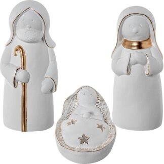 Set 3 Figuras Cerámica Natividad Blanco/oro 14x13x33+13x12x31+18x13x9cm
