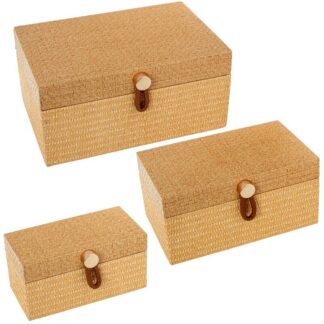 Set 3 Joyeros Ratán Color Beige Madera Dm 28x21x14+24x16x12+20x11x10cm
