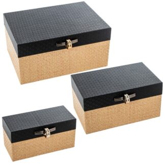 Set 3 Joyeros Ratán + Pu Color Beige Y Negro Madera Dm 28x21x14+24x16x12+20x11x10cm