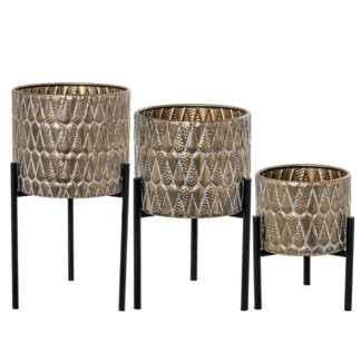 Set 3 Maceteros C/pie Metal Dorado Viejo / Negro 35x33x63+30x28x47+25x23x33cm