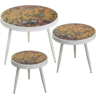 Set 3 Mesas Auxiliares Dm Blancas Decoradas Ø37x35+ø45x44+ø60x50cm