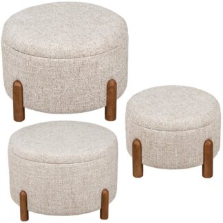 Set 3 Pufs Lino Beige C/patas Pino, Armazón Madera Dm Ø65x38+ø55x33+ø45x28cm