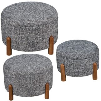 Set 3 Pufs Lino Gris C/patas Pino, Armazón Madera Dm Ø65x38+ø55x33+ø45x28cm