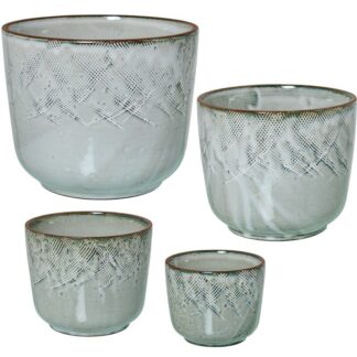 Set 4 Maceteros Cerámica Blanco Lacado Deco. Rayado Ø22x18+ø18x12+ø14x12+ø11x9cm