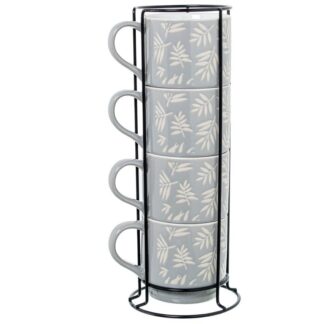Set 4 Mugs Cer Mica Azul Hojas C/soporte Metal Negro Mug:355ml 9x9cm