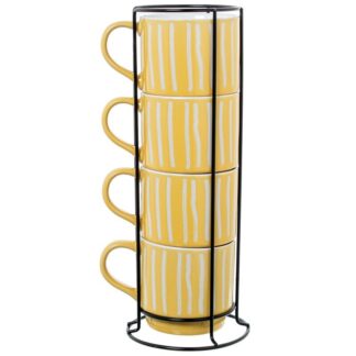 Set 4 Mugs Cerámica Amarillo Rayas C/soporte Metal Negro Mug:355ml Ø9x9cm