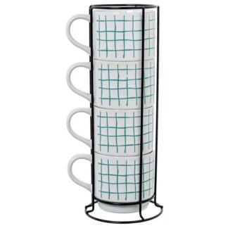 Set 4 Mugs Cerámica Blanca Cuadros Verdes C/soporte Metal Ne Mug:355ml Ø9x9cm