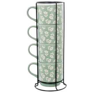 Set 4 Mugs Cerámica Verde Flores C/soporte Metal Negro Mug:355ml Ø9x9cm