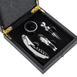 Set 4 Utensilios Vino En Caja Madera Negra 15x17x4,5cm