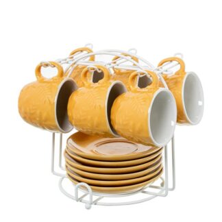 Set 6 Tazas Café C/plato Cerámica Amarilla C/soporte Metal B Taza:89ml Ø6,5x5,5cm Plato:12