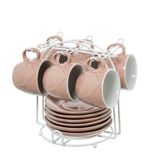 Set 6 Tazas Café C/plato Cerámica Color Rosa C/soporte Metal Taza:89ml Ø6,5x5,5cm Plato:12