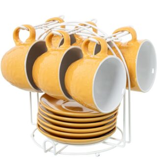 Set 6 Tazas Té C/plato Cerámica Amarilla C/soporte Metal Bla Taza:207ml Ø9x8cm Plato:ø14cm