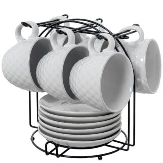 Set 6 Tazas Té C/plato Cerámica Blanca C/soporte Metal Negro Taza:207ml Ø9x8cm Plato:ø14cm