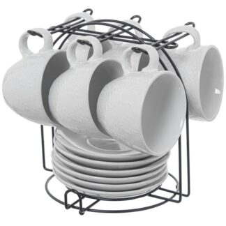 Set 6 Tazas Té C/plato Cerámica Blanca C/soporte Metal Negro Taza:207ml Ø9x8cm Plato:ø14cm