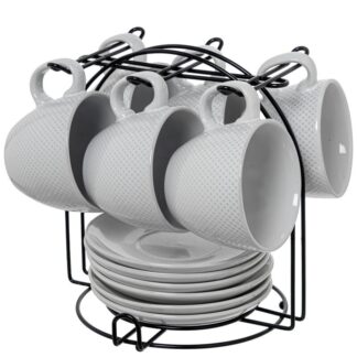 Set 6 Tazas Té C/plato Cerámica Blanca C/soporte Metal Negro Taza:207ml Ø9x8cm Plato:ø14cm