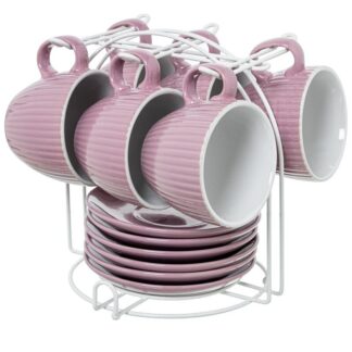 Set 6 Tazas Té C/plato Cerámica Rosa Palo C/soporte Metal Bl Taza:207ml Ø9x8cm Plato:ø14cm