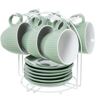 Set 6 Tazas Té C/plato Cerámica Verde Menta C/soporte Metal Taza:207ml Ø9x8cm Plato:ø14cm