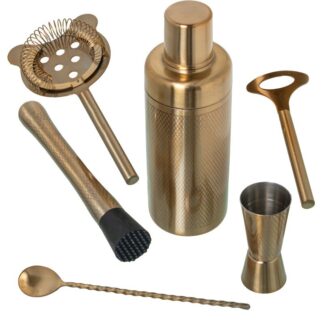 Set 6 Utensilios Cocktail Acero Inox. Oro Mate Coctelera 550ml,cuchara 28cm