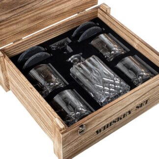 Set Botella+4 Vasos Whisky Cristal En Caja Madera 37,5x33x14cm Botella:700ml Vasos:300ml