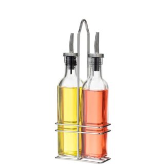 Set Vinagreras 2 Pzs Cristal 250ml C/soporte Acero Inox. 12x6,5x30cm