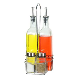 Set Vinagreras 4 Pzs. Cristal C/soporte Acero Inox. 14x12x34cm