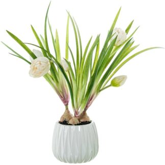 Tulipanes Artificiales Blancos 39cm En Maceta Pe+pvc Ø33x39cm Maceta:ø11x10cm