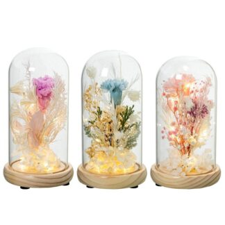 Urna Cristal C/base Madera Y Flores Artificiales C/luz Surt. Ø12x22cm Pilas:3xaaa No Inclu