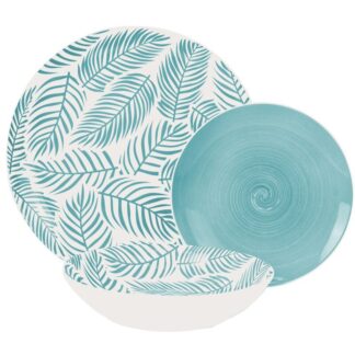 Vajilla 18 Pzs Porcelana Azul Hojas, Plato Llano:ø27cm Postre:ø19cm,hondo:ø20x4cm