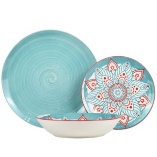 Vajilla 18 Pzs Porcelana Azul Mandala, Plato Llano:ø27cm Postre:ø19cm,hondo:ø20x4cm