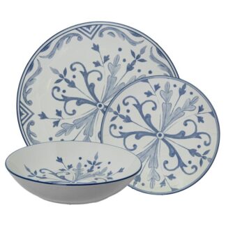 Vajilla 18 Pzs Porcelana Blanco Deco. Azul 6xø26cm + 6xø20cm + 6xø19cm