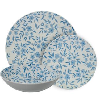 Vajilla 18 Pzs Porcelana Blanco Flores Azules 6xø26cm + 6xø20cm + 6xø19cm