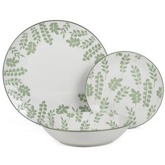 Vajilla 18 Pzs Porcelana Blanco Hojas Verdes,plato Llano:ø27 Postre:ø19cm,hondo:ø20x4cm