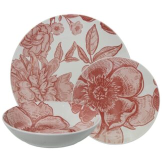 Vajilla 18 Pzs Porcelana Flor Rosa 6xø26cm + 6xø20cm + 6xø19cm
