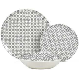 Vajilla 18 Pzs Porcelana Gris Estampada, Plato Llano:ø27cm Postre:ø19cm,hondo:ø20x4cm