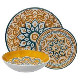 Vajilla 18 Pzs Porcelana Mandala Amarillo/azul 6xø26cm + 6xø20cm + 6xø19cm