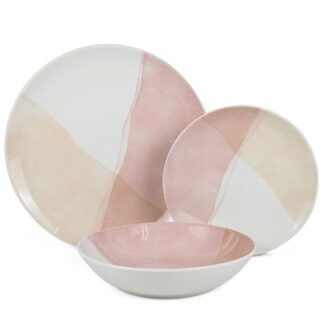 Vajilla 18 Pzs Porcelana Tonos Rosa, Plato Llano:ø27cm Postre:ø19cm,hondo:ø20x4cm