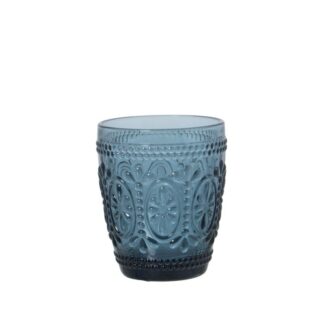 Vaso Bajo Cristal Azul 270ml Deco. Flor Ø8x10cm, Apto Lavavajillas